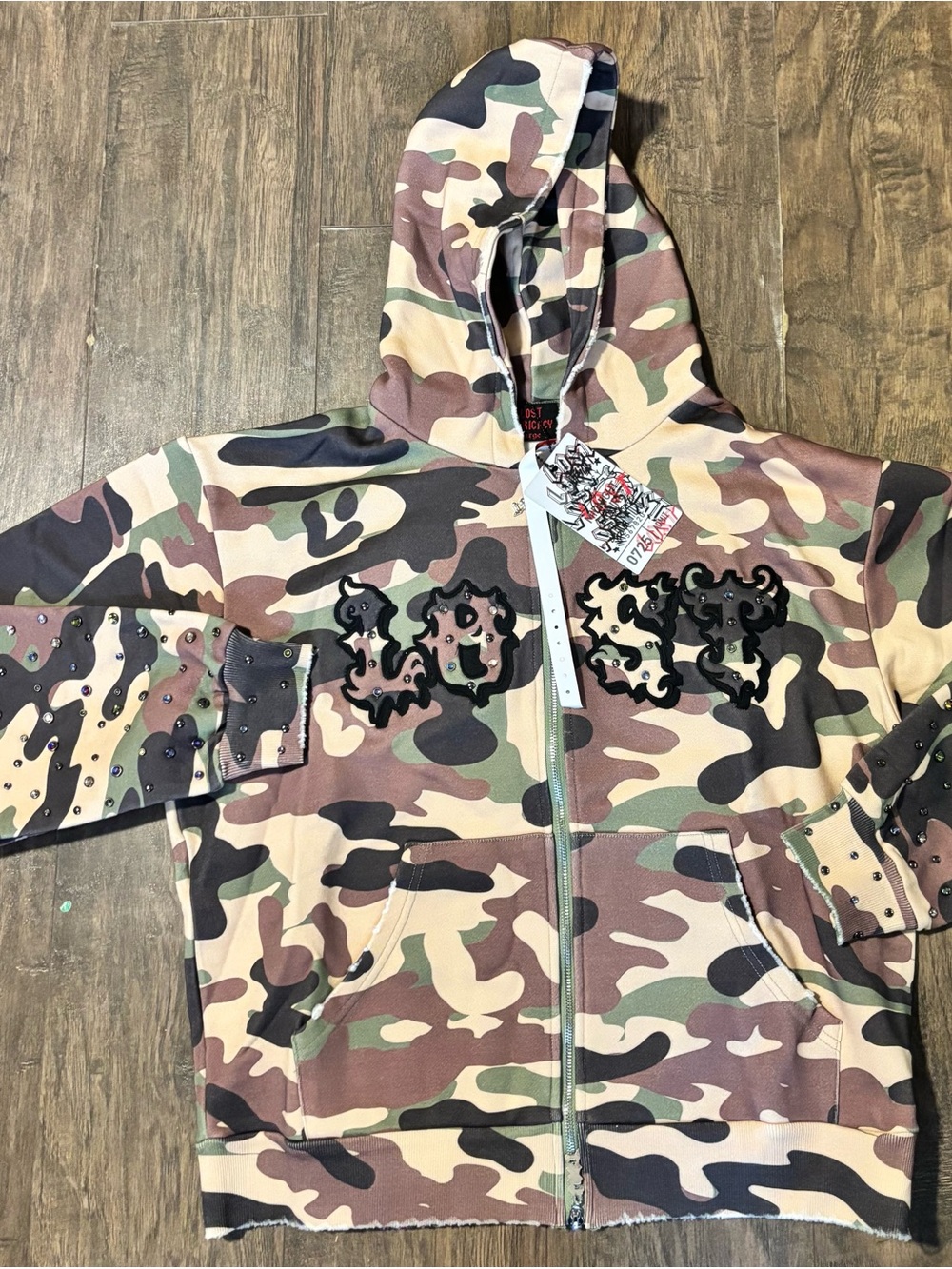 Lost Intricacy Full Zip-Up Camo Hoodie with Stud Detail